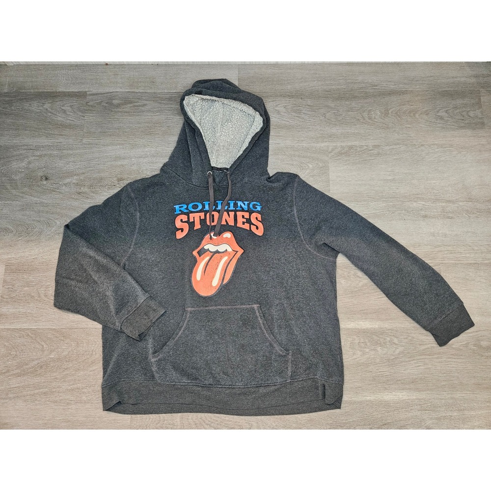 Vintage Rolling Stones Graphic Hoodie Gray Sherpa Lined Hood Rock Band Pullover